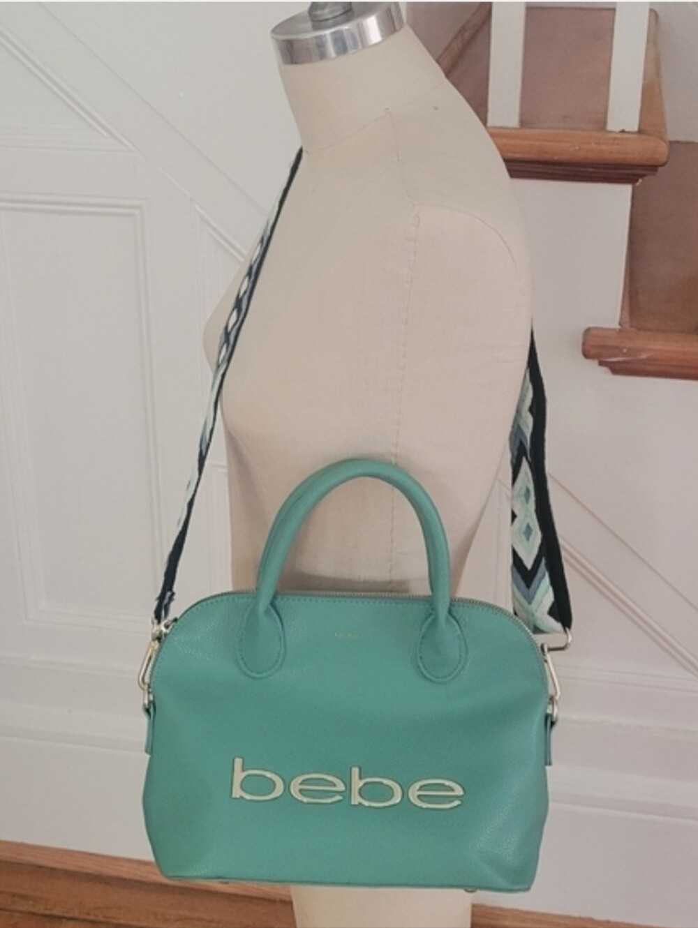BEBE Fabiola Stamped Dome Turquoise Jade Satchel Crossybody Shoulder Pocketbook